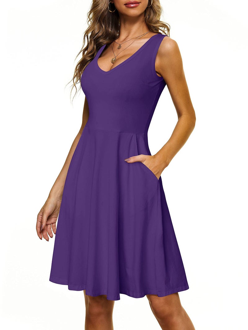 HUHOT Purple Sundress for Women Work Dress Women Sleeveless A-Line V Neck Office Dress with Pocket Casual Short Tank Dress - Image 1